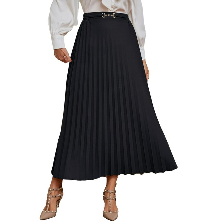 Women's Elegant D ring Pleated Long Skirt S
