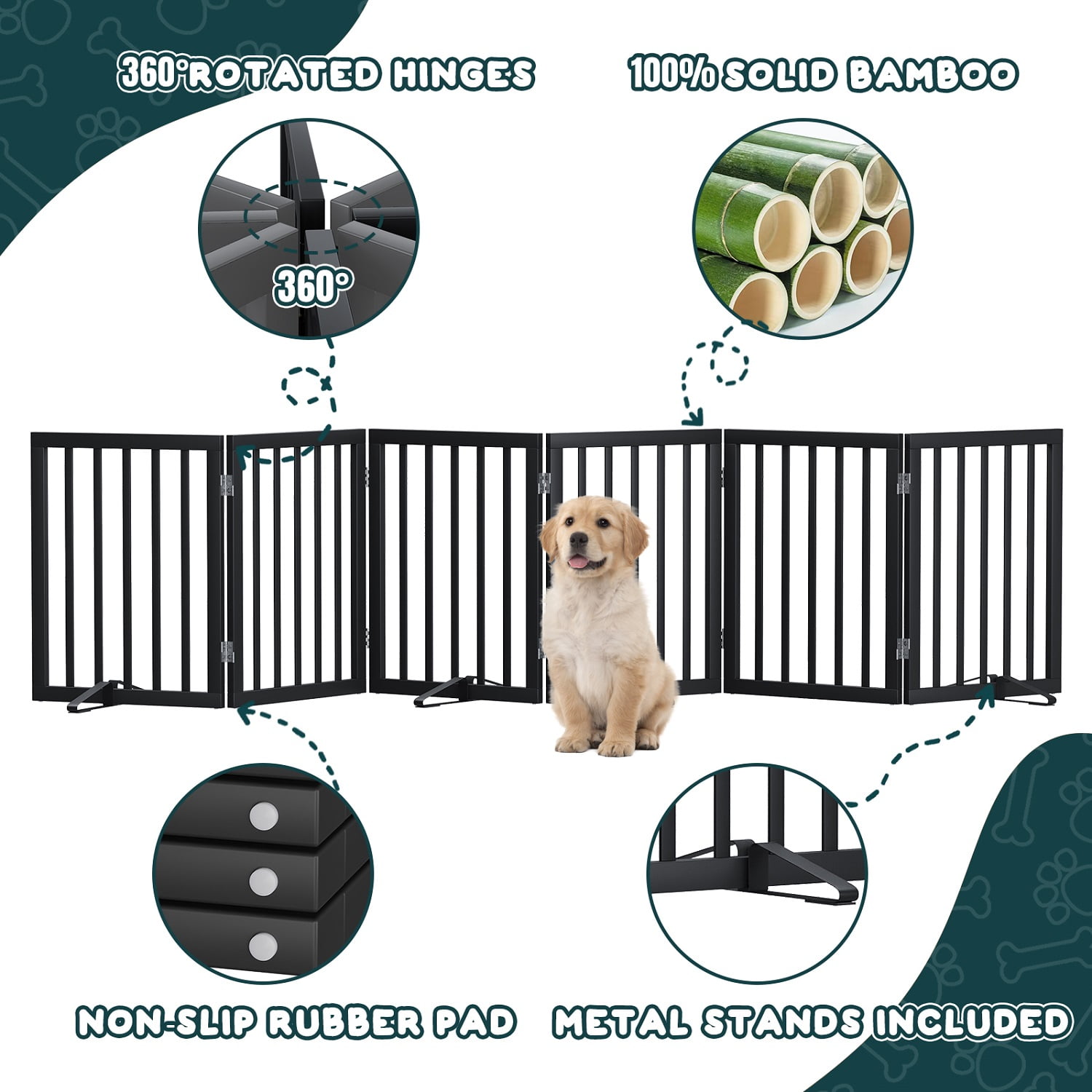 Algherohein Dog Gate for Inside,Bamboo Freestanding Pet Gate for Doorways,Indoor, 24" Black
