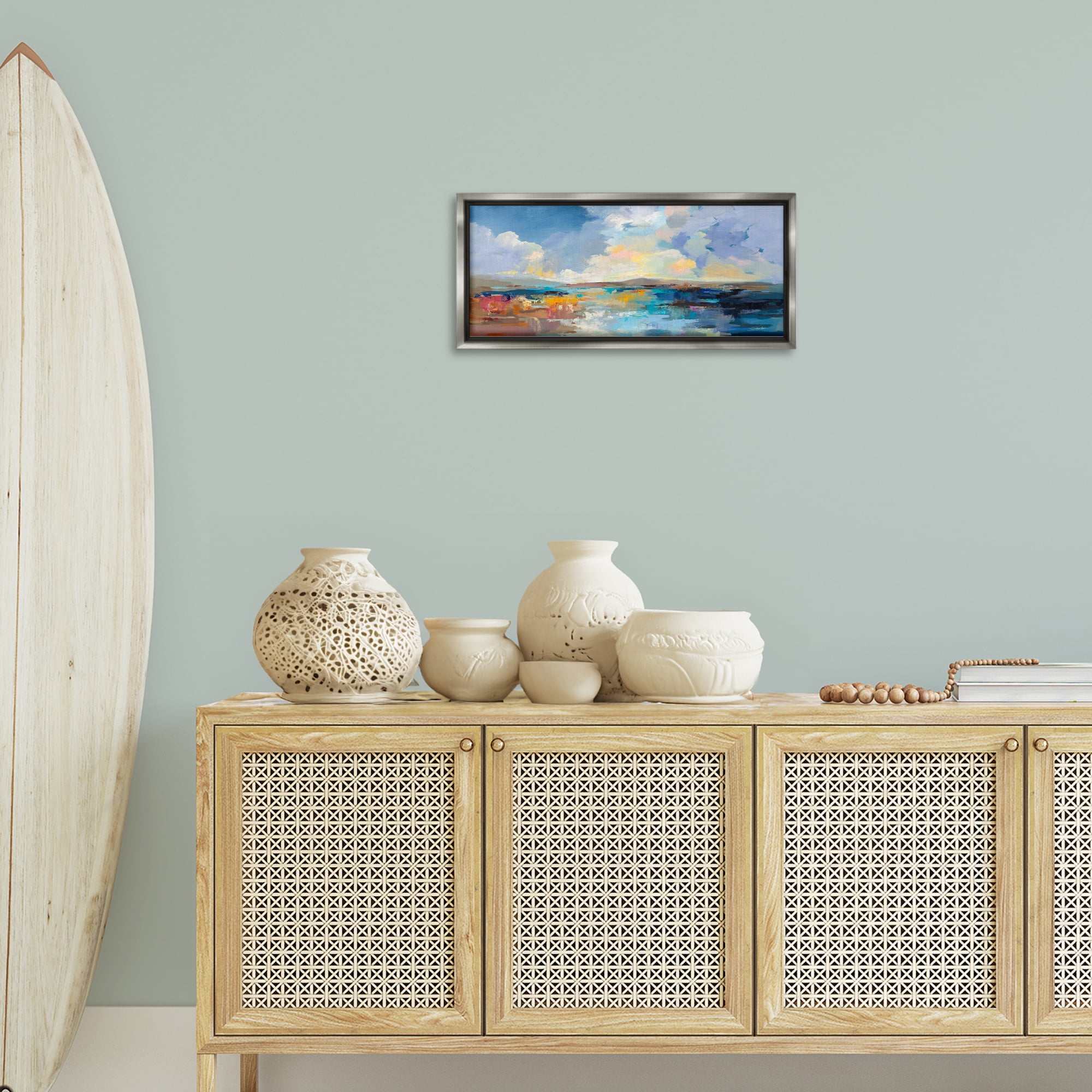 Stupell Industries Seaside Sunset Abstract Landscape Painting Gray Floater Framed Canvas Art Print Wall Art, 25 x 11