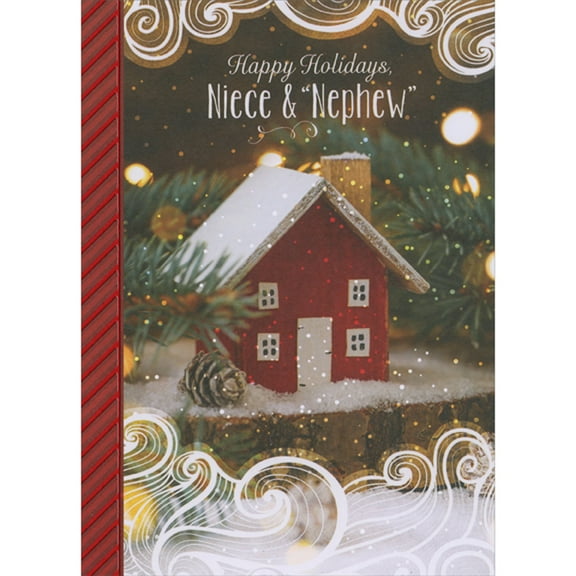Designer Greetings Small Model of Red House and Pine Cone Surrounded by Pine Branches Christmas Card for Niece and 'Nephew'