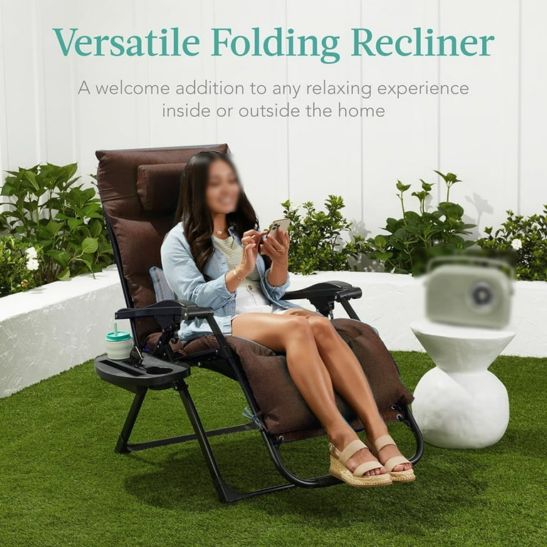 Oversized Zero Gravity Chair Folding Outdoor Patio Recliner XL Zero Gravity Lounger w Removable Cushion Cup Holder Side Tray 350lb Capacity Woodland Brown Walmart