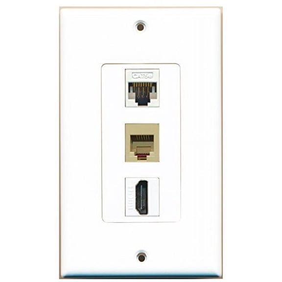 RiteAV - 1 Port HDMI and 1 Port Phone RJ11 RJ12 Beige and 1 Port Cat5e Ethernet White Decorative Wall Plate Decorative