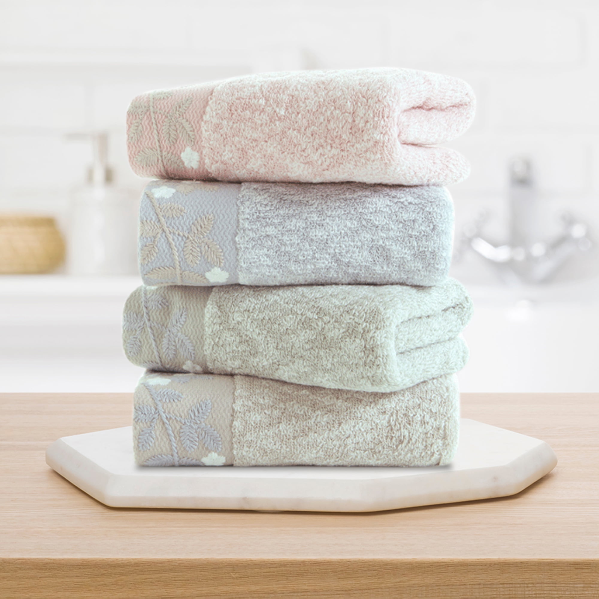 Unique Bargains 4 Pcs Floral Soft Hand Towel Light Brown/White 14" x 28"/13" x 29"