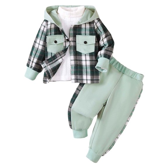 UYYX Kids Outfits Young Boy Retro Color Block Plaid Hooded Outerwear Ribbed Cuff Jogger Pants Suit Children Clothing(Green,9-12 Months)