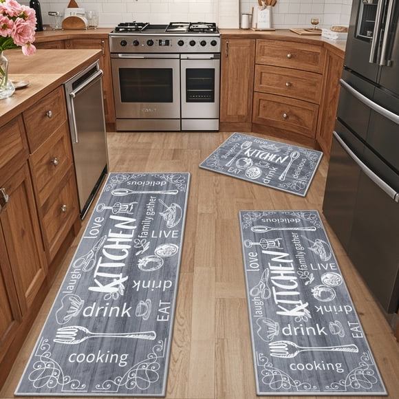 MeyJey Juego de 3 Tapetes de Cocina de Granja Antideslizantes, Lavables a Máquina, Piso Bajo Mats, Tapetes Repelentes Al Agua para Cocina, Comedor y Lavadero, Gris