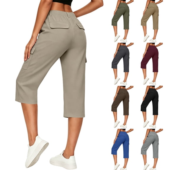 Guieoi Capri Pants for Women Plus Size with Pockets Work with Belt Loops (7/8 Length) Cropped Trousers Blue M