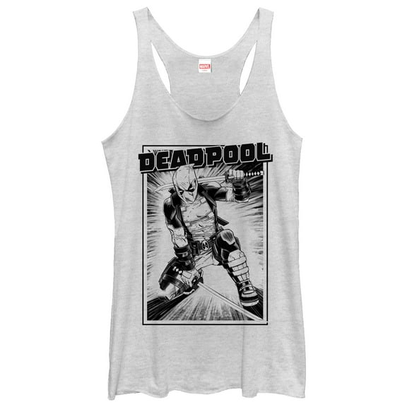 Women's Marvel Deadpool Katana Grayscale Sword Pose  Racerback Tank Top White Heather Small
