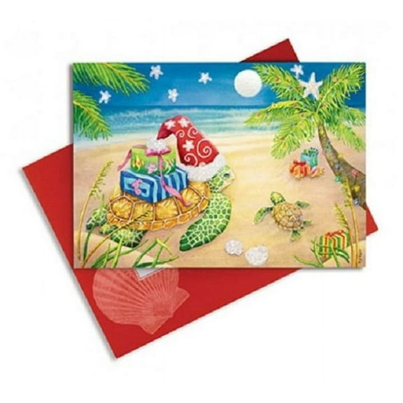 Coastal Beachy Santa Sea Turtles Delivering Gifts Boxed Christmas Holiday Cards