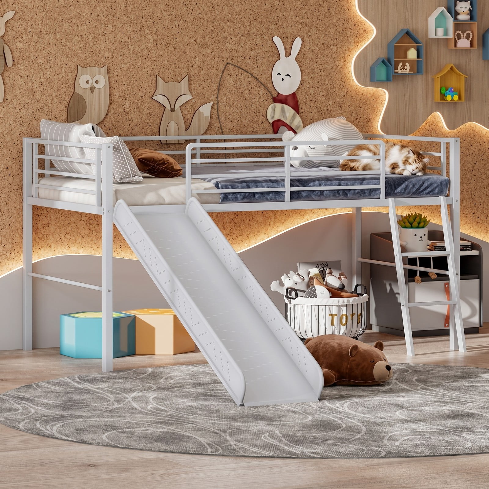 Furnibear Twin Metal Loft Bed with Slide and Built-in Ladder for Kids and Teens Bedroom, Space-Saving Loft Bed Frame with Guardrails, Silver