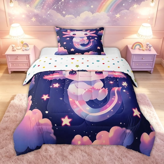 meiyoeat Kawaii Axolotl Twin Comforter Sets for Kids Girls, Galaxy Star Cloud Bedding Set for Bedroom, Pink Blue, Polkadot Reversible, 2 Pieces
