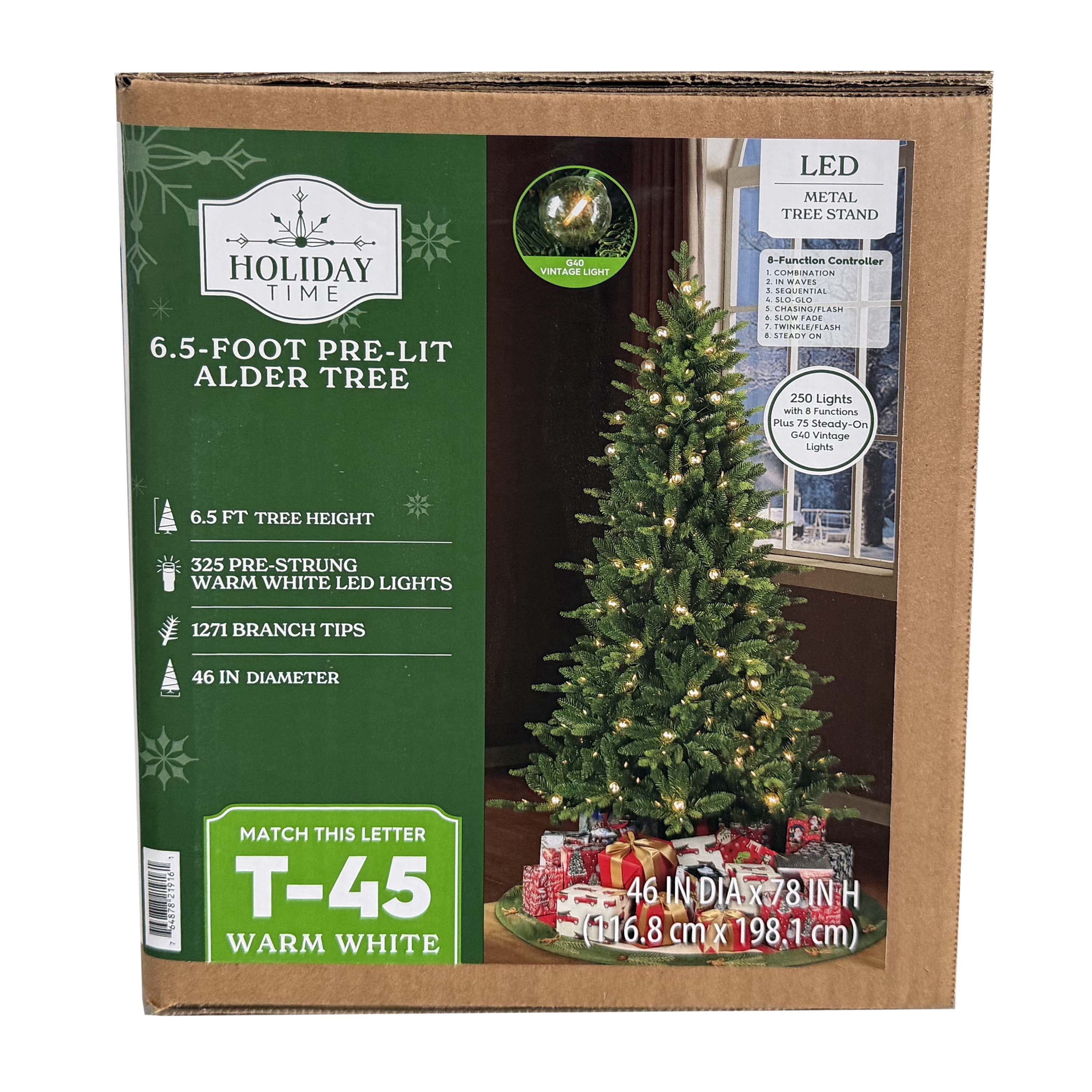 6.5' Pre-Lit Alder Green Artificial Christmas Tree with 325 Warm White LED Lights, 8 Functions, and Stand, by Holiday Time