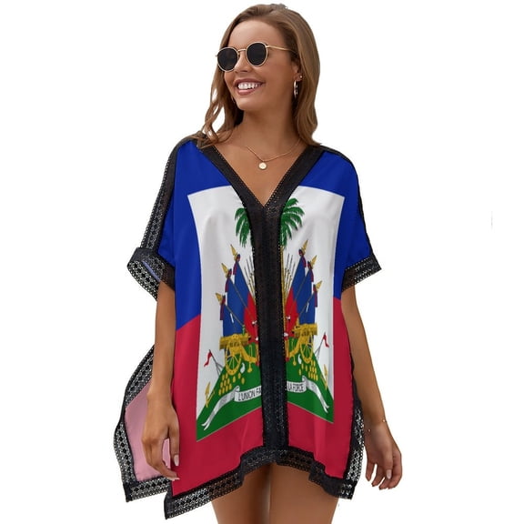 Haiti Haitian Flag Coat of Arms Red Beach Cover Ups for Women Bathing Suit Cover Up Lace Bikini Swimsuit Coverup Beach Dress Shirt One Size