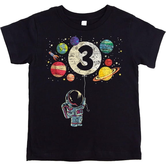 Olive Loves Apple 3rd Birthday Rocket Astronaut Themed T-Shirts with Moon Balloon and Planets for Boys and Girls Black Shirt 5-6