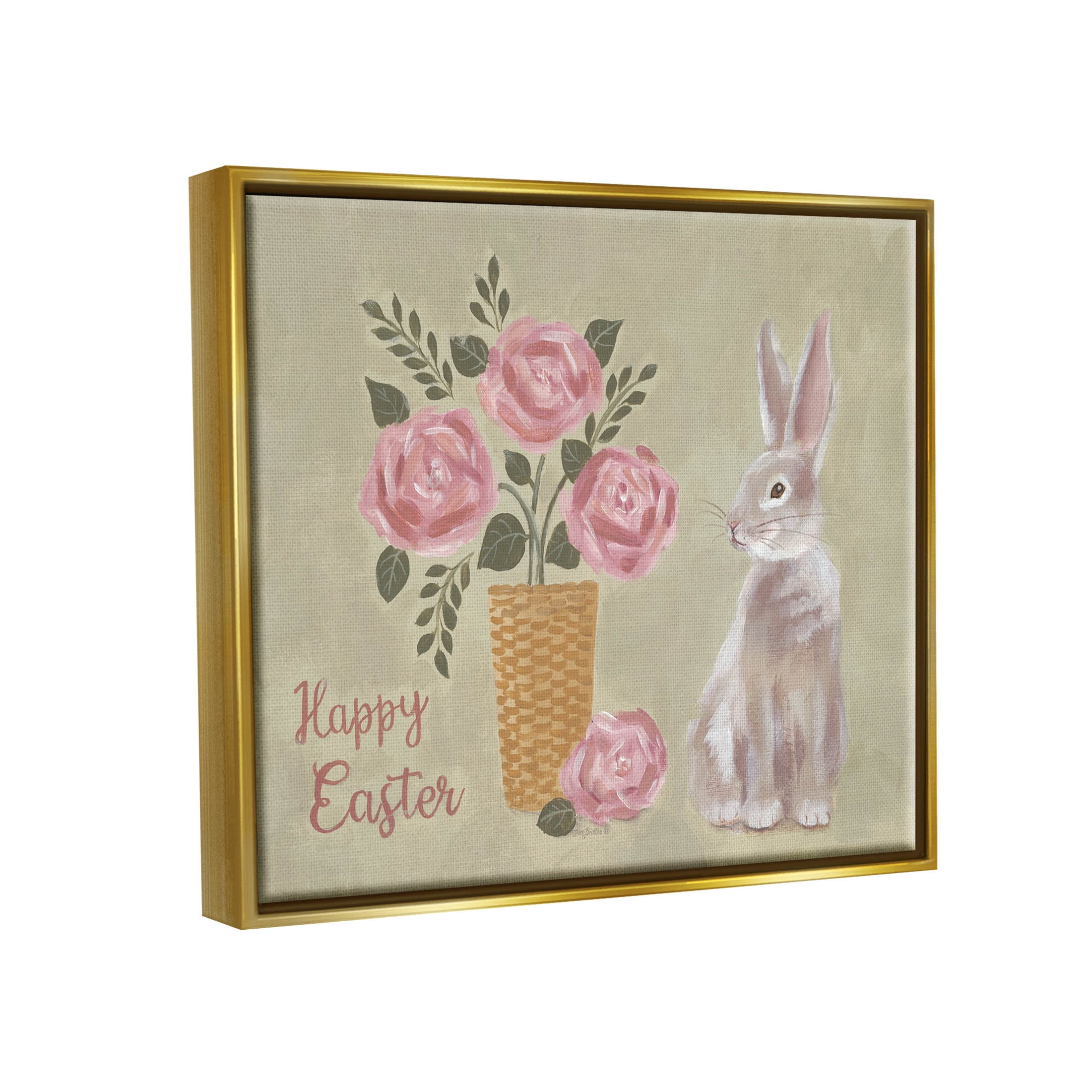 Stupell Industries Happy Easter Bunny Rose Bouquet Graphic Art Metallic Gold Floating Framed Canvas Print Wall Art, Design by Pam Britton