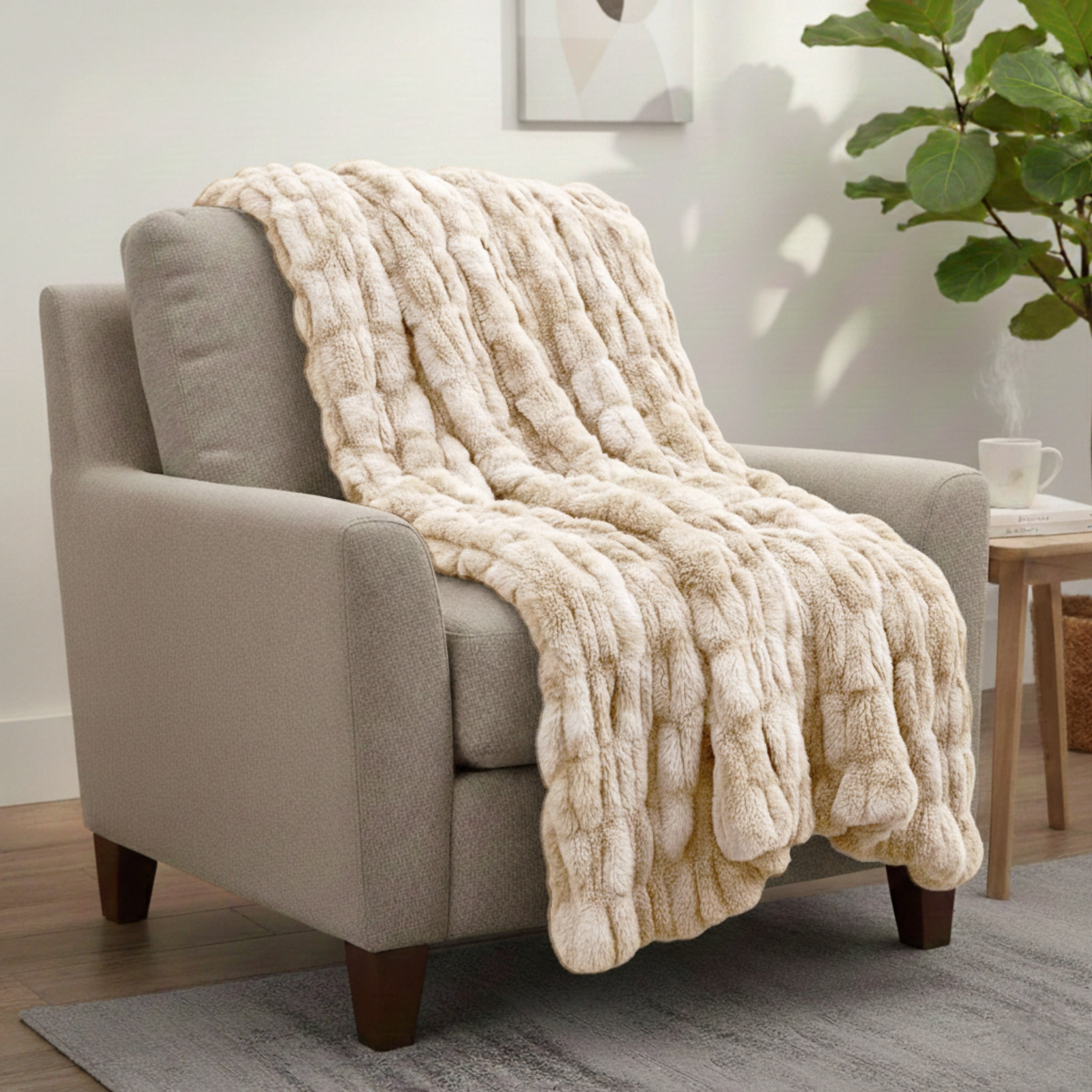 Lavish Home 60x80 Ruched Jacquard Faux Fur Blanket for Sofa and Bed, Cream