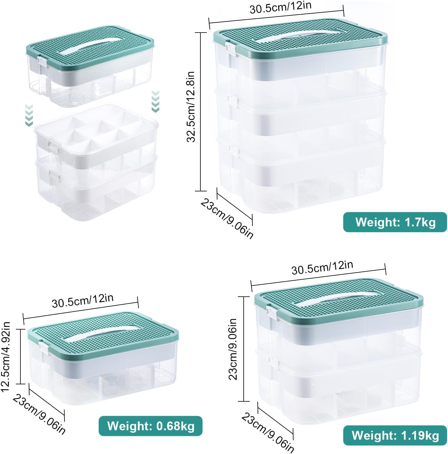 Plastic Storage Boxes Compatible with Lego Storage Organizer, Stackable Toys Organizer Clear Compartment Craft Containers for Building Blocks Bricks Puzzle Board Organizer Accessories, 3 Layer