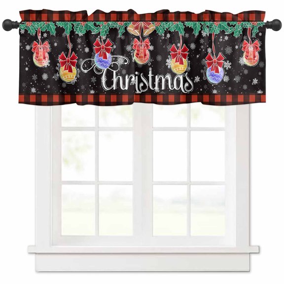 Christmas Ball Valances for Windows, Winter Snow Orange Black Plaid Light Filtering Window Treatment Valances, Rod Pocket Small Curtains for Kitchen/Bathroom, 60"x18"