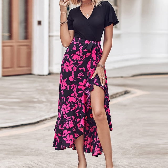 Robes pour Femmes 2024 Été Surdimensionnée pour Manches Courtes Col en V Boho Imprimé Floral Ceinture Taille Haute Basse à Volants Robe Maxi Cocktail 50 % de Réduction!
