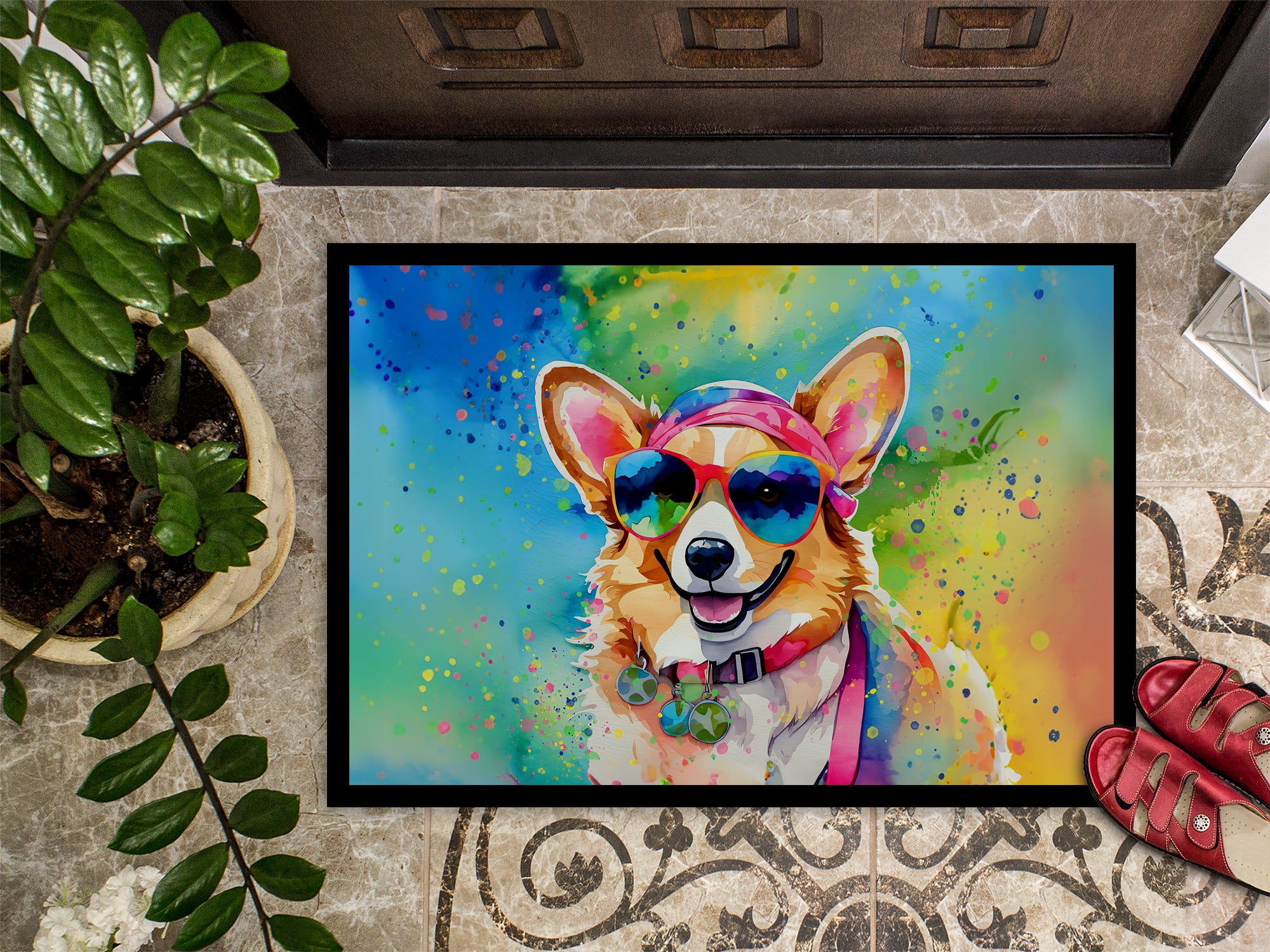 Carolines Treasures DAC2496JMAT 0.15 x 24 x 36 in. Corgi Hippie Dawg Indoor or Outdoor Mat