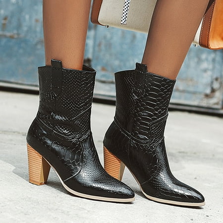 

ERTUTUYI Fashion Pure Color Round Toe Slip-On Boots Square Heels Vintage Women Boots Black 40