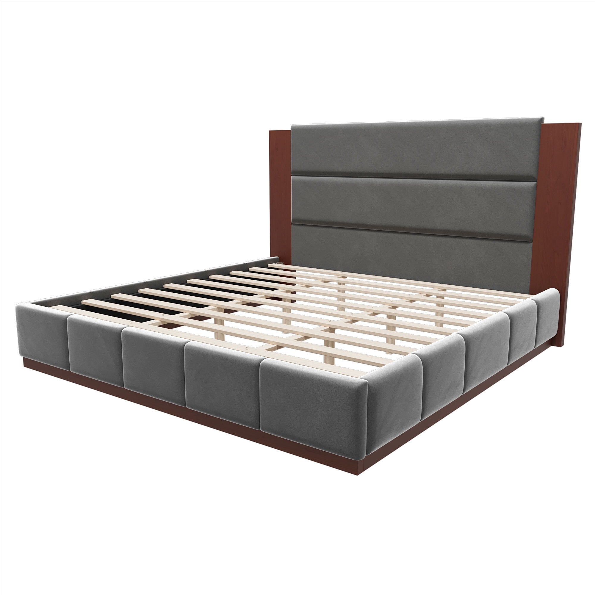 Euroco Upholstered King Size Platform Bed, Velvet Bed with High Wood Headboard, Grey