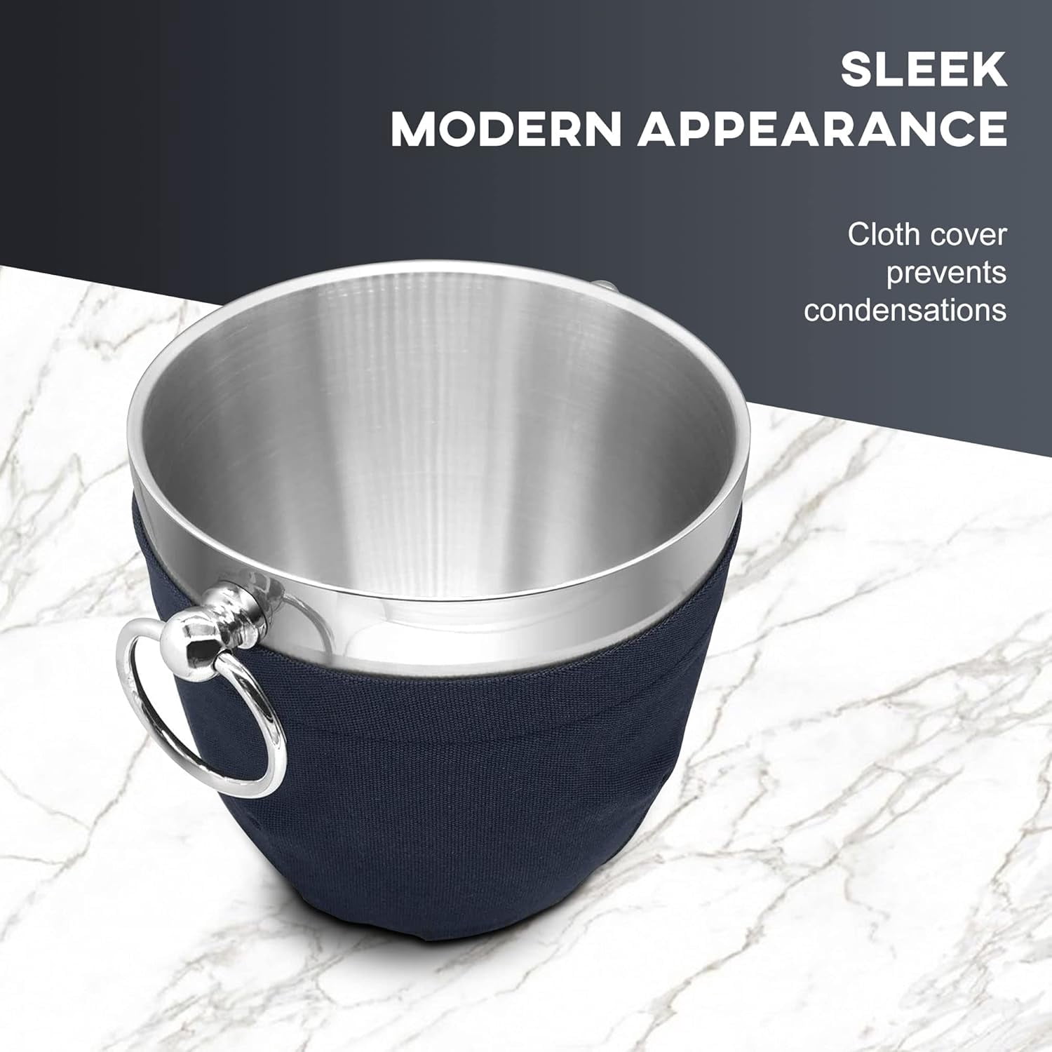 Fortune Candy 2.8 L Double Wall Stainless Steel Ice Bucket, with Tongs, Scoop and Holder, Navy Blue