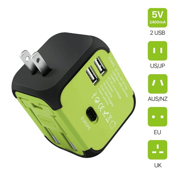 International Universal Power Adapter Converter with 2 USB Charging Ports - All in One Travel Worldwide Plug Built-in Spare Fuse AC Socket Wall Outlet for US, EU, UK, AU, CN 150 Countries Laptop Green