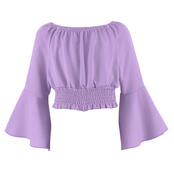 Girl's Off the Shoulder Tops Elegant Boho Long Bell Sleeve Top Slim Fitted Stretch T Shirts Summer Pleated Casual Tunic Shirt 5-15 Years