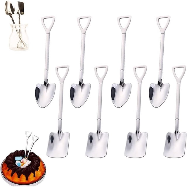 8 cucharas mezcladoras de acero inoxidable cuchara de postre cuchara de café pala creativa jm plata, vista frontal de conjunto con mangos largos rematados en triángulo y cabezas en forma de pala pulida sobre fondo blanco; suelen usarse también para servir o mezclar postres en mesa.