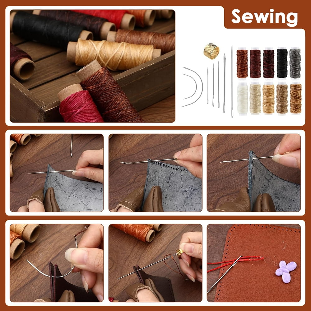INTELIVE 36 pcs Leather Craft Sewing Kit, Leather Working Tools and Supplies, Leather Tooling Kit with 10 Colors Waxed Thread Awl Prong Punch Groover