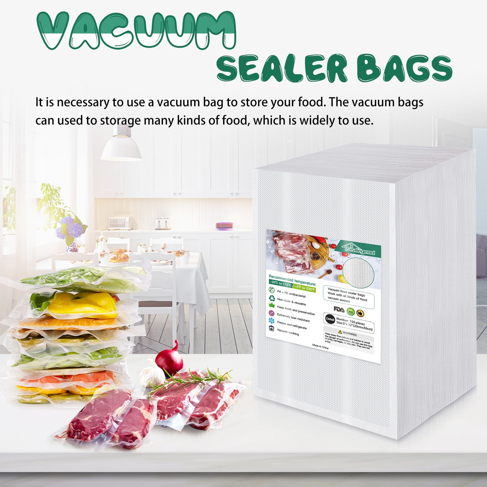Sealegend Vacuum Sealer Bags For Food 4 Rolls (8x 25'x2 & 11x 25'x2),Food  Saver Vacuum Seal A Meal Bags 