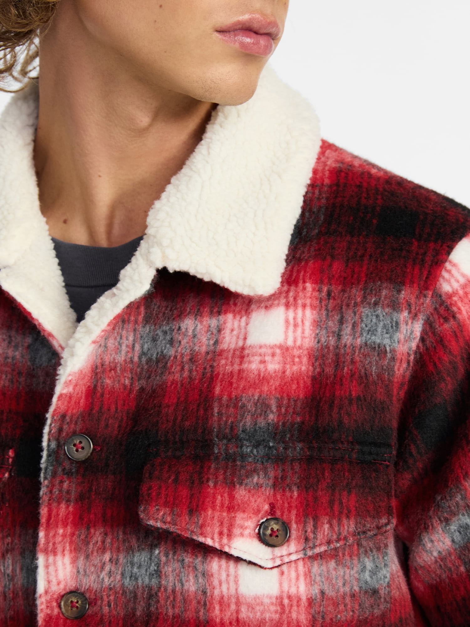 No Boundaries High-Pile Fleece Lined Plaid Overshirt, Men’s and Big Men’s