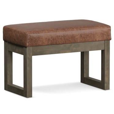 Simpli Home Milltown Footstool Small Ottoman Bench in Distressed Saddle Brown Faux Air Leather