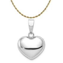 14K White Gold 3D Puffed Heart Pendant (15mm x 12mm) With 10K Yellow Gold Lightweight Rope Chain 16"