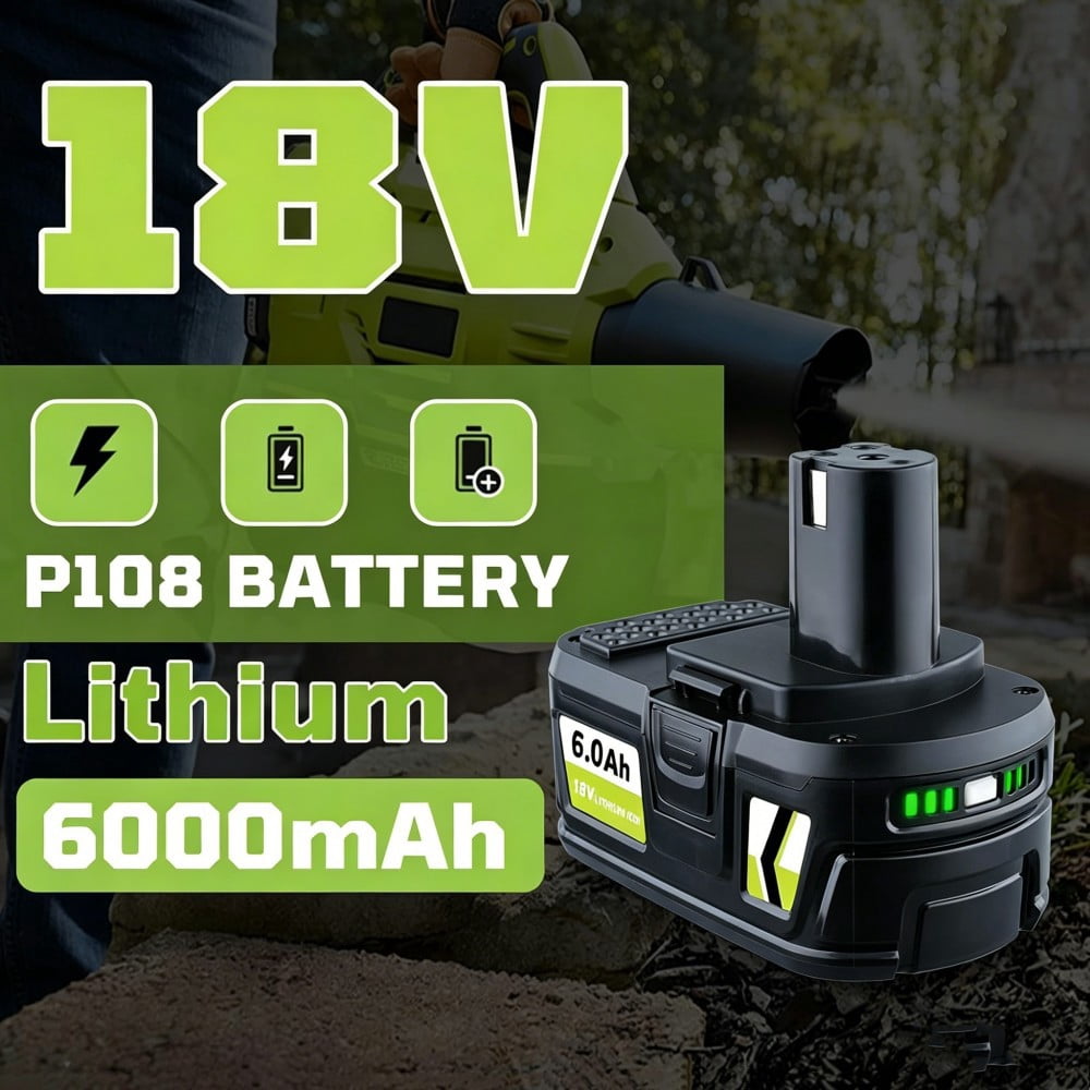 2Pack P108 18V 6.0Ah Lithium Battery Replacement for Ryobi 18V Battery P104 P108 P102 P103 P105 P107 P109 P122 BPL-1815 with LED Indicator Compatible with Ryobi 18V Cordless Power Tools