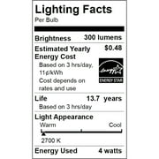Great Value LED Light Bulb, 4 Watts (40W Equivalent) B10 Deco Lamp E26 Medium Base, Dimmable, Soft White, 4-Pack