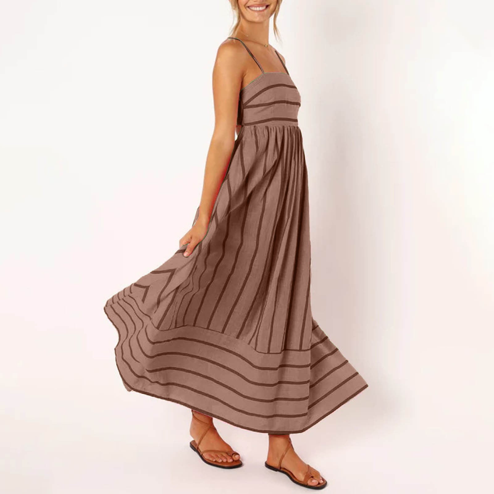 vigerkar Women Striped Maxi Dress Sleeveless Backless Cutout Smocked  Sundress Spaghetti Straps Boho Flowy Dresses Red, XL