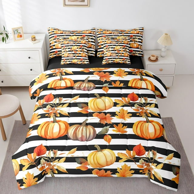 Lit Citrouille de l'Action de Grâce en Sac Grand 7 Pcs, Ensemble de Couette Feuilles d'Automne Réversible Noir et Blanc Rayé Design Récolte d'Automne, Ensembles de Literie Doux et Respirants avec Couette, Draps, Taies d'Oreiller