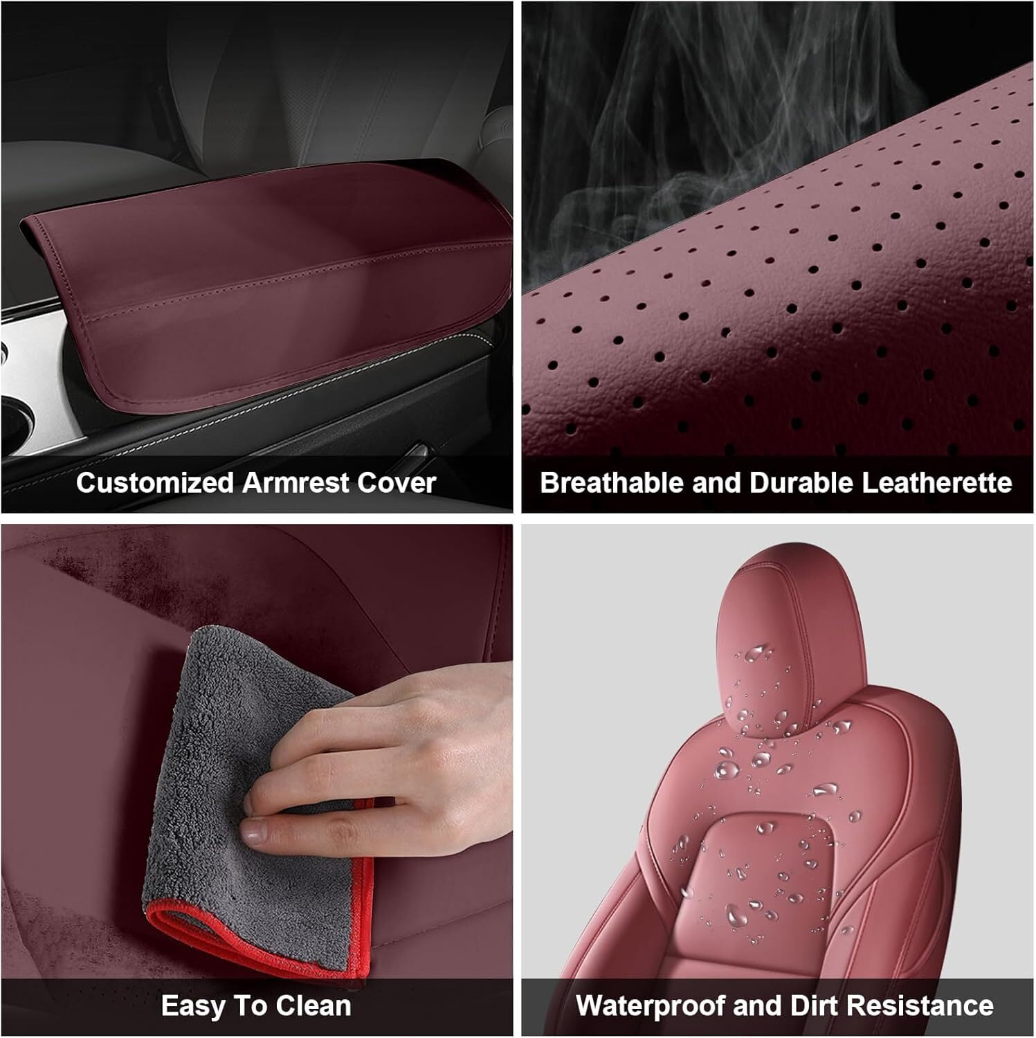 IKABEVEM Car Seat Cover for Tesla Model Y 2023-2024 - Full Set Faux Leather Seat Covers (Wine Red)