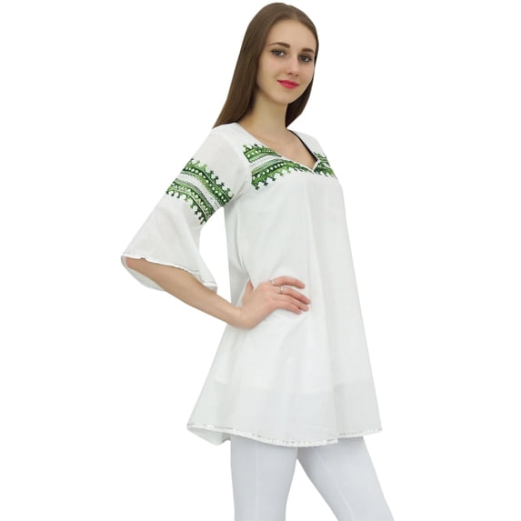 Bimba Womens Casual Flounce Sleeve White Embroidered Boho Tunic Top Blouse-24