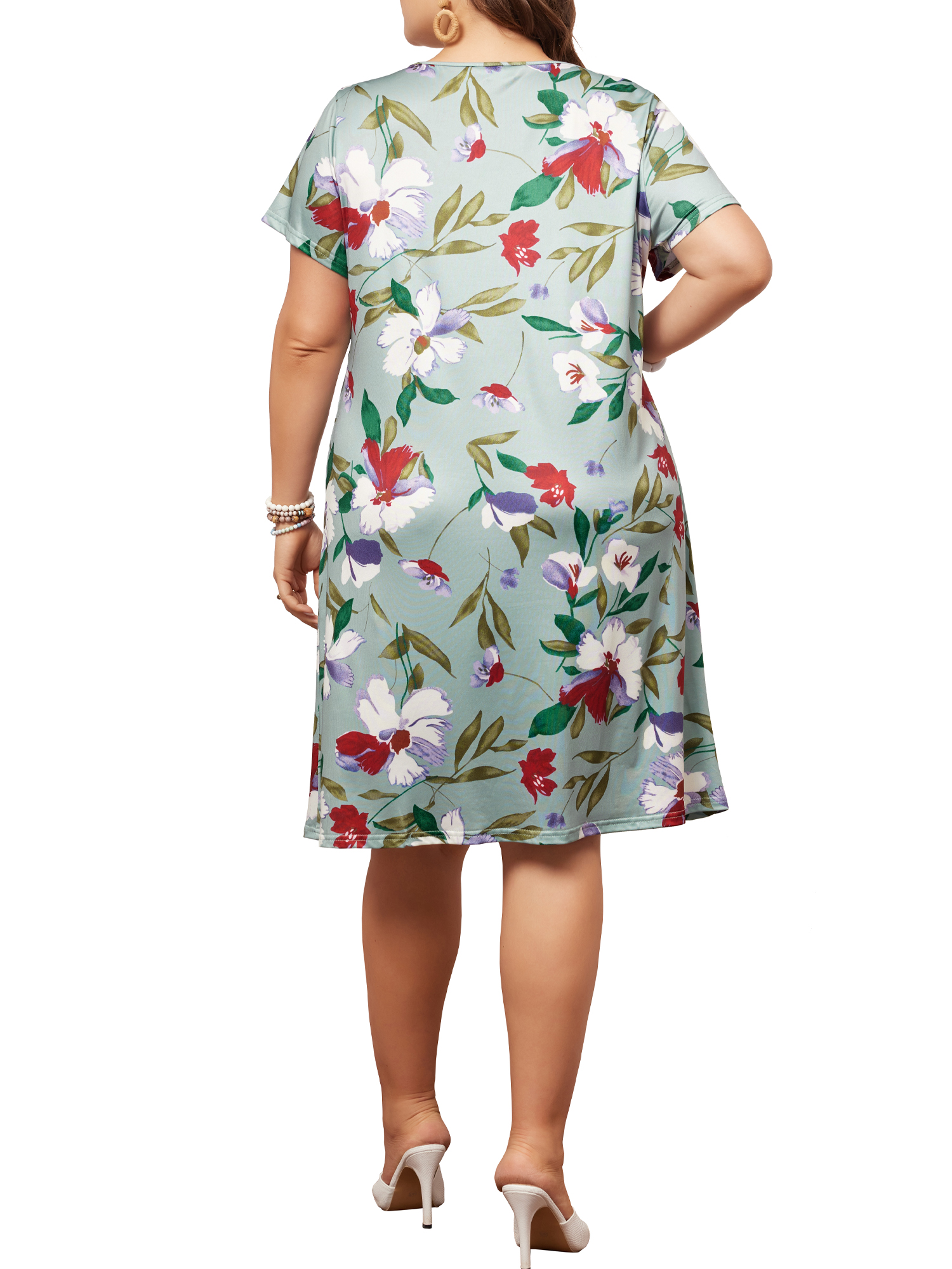 DARING DIVA Plus Size Outfits Tropical Floral Short Sleeve Dress 1X Green
