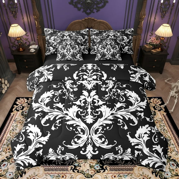 Manfei Retro Damask Jacquard 7-Piece Twin Bedding Sets,Baroque Flower Floral Bedding Comforter Set,White Black Sheet Sets For Adult,Super Cozy Room Decoration Reversible