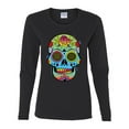 thumbnail image 2 of Wild Bobby, Colorful Floral Sugar Skull Streetwear Womens Graphic Long Sleeve T-Shirt, Black, Small, 2 of 3