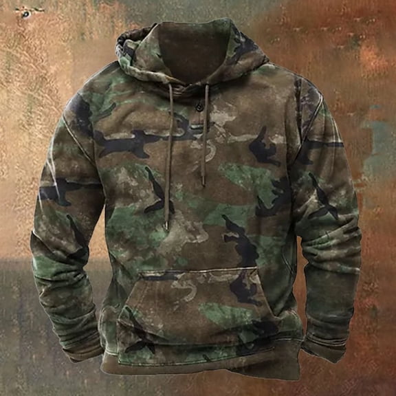 Camo Hoodies for Men Retro Pullover Sweatshirt with Pocket Spring Fall Hunting Top Camouflage XL