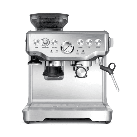 BES870BTR Espresso Machine, Brushed Stainless Steel Semi Automatic Coffee Maker with Integrated Grinder, Milk Frother, Adjustable Grind Settings and Digital Temperature Control