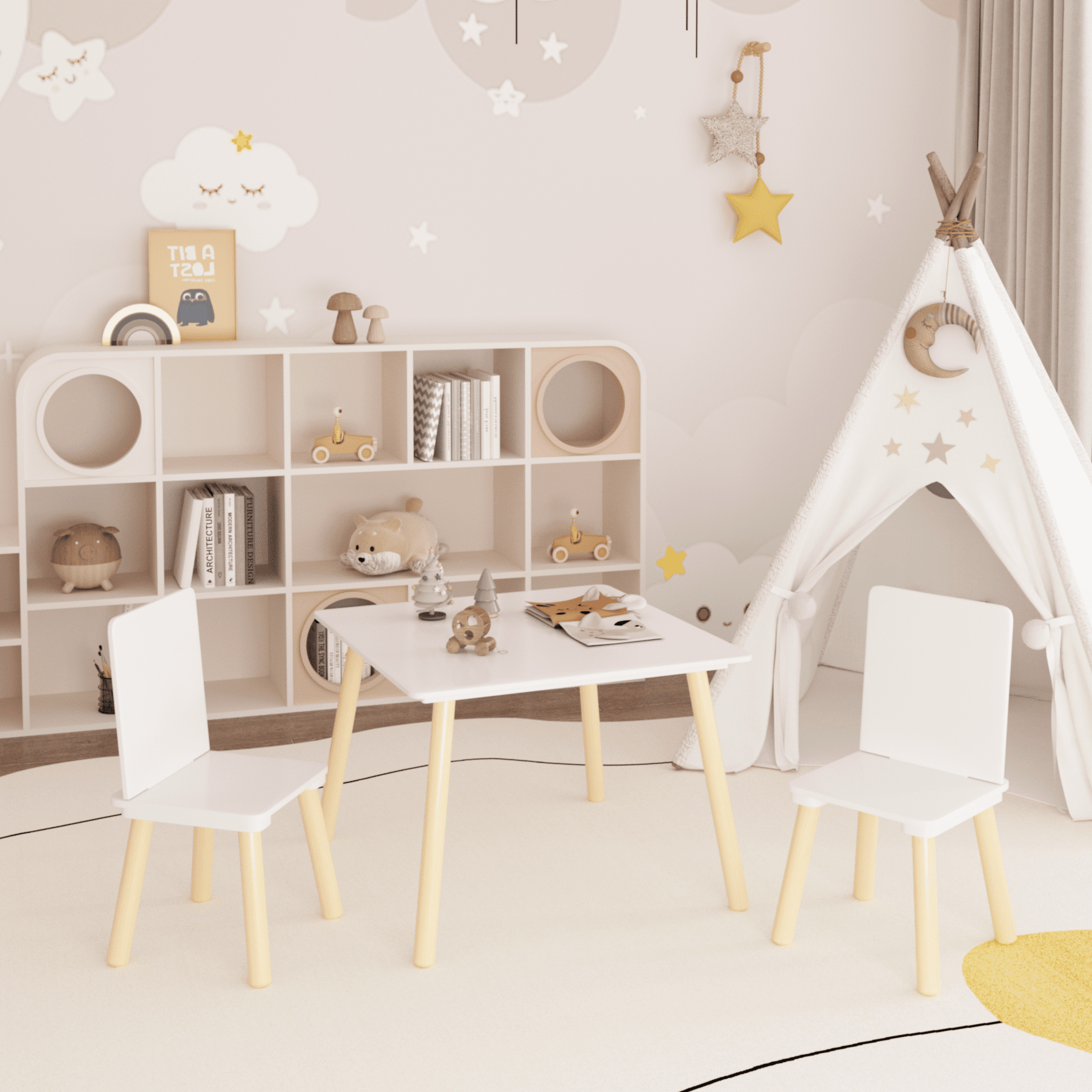 3-Piece White Kids Table and 2 Chairs Set, Solid Wood & MDF Toddler Activity Play Table Set, 5-Minute Easy Assembly, 120lbs Weight Capacity per Chair for Playroom Nursery Bedroom