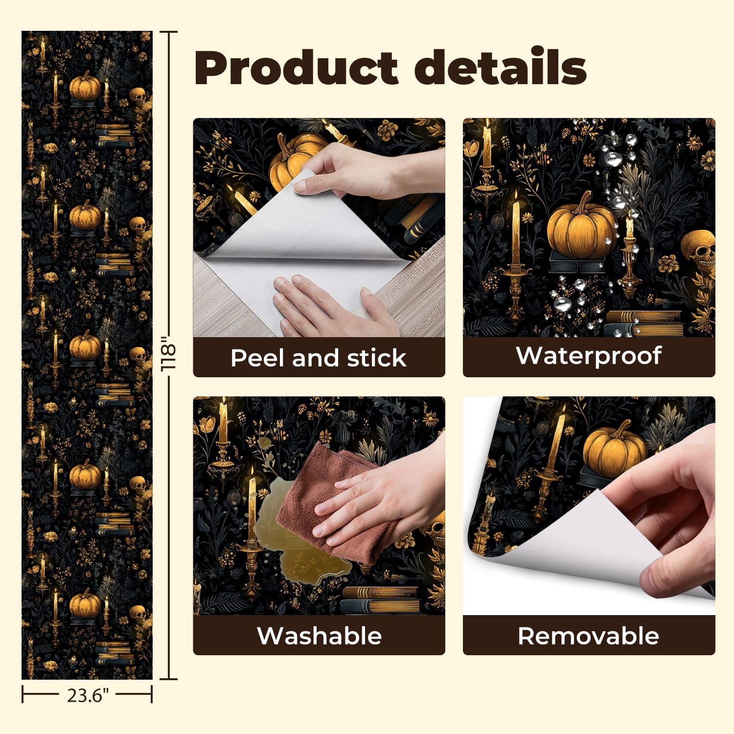 Peel and Stick Wallpaper Vintage Candlelit Pumpkin Books Floral Skeleton Botanicals Wall Mural 23.6in x 9.8ft Self Adhesive Removable Wall Paper Renter Friendly Wallpaper for Bedroom Cabinets
