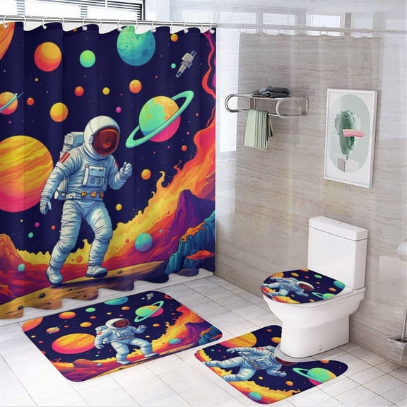 Astronaut Space Adventure Shower Curtain Set Modern Bathroom Decor Mats 4pcs Fabric Bathroom Curtain Slip Floor Rug Toilet Lid