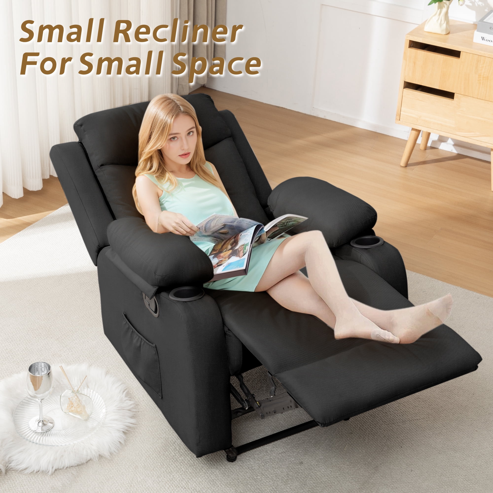Korser Manual Small Recliner Chair with Fixed Base for Small Spaces Linen Fabric for Living Room,Black