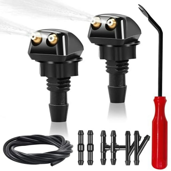 2Pcs Front Windshield Washer Nozzles With Adapter Hose Screwdriver Wiper Spray